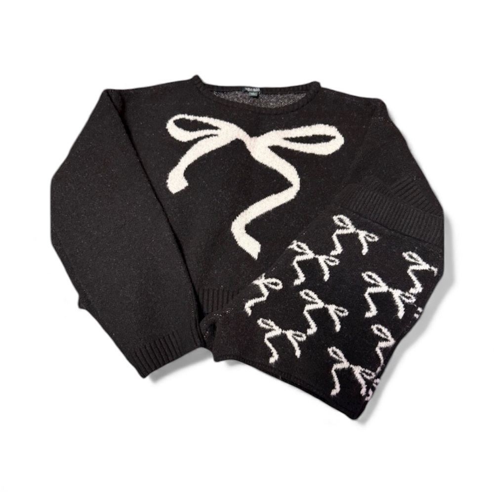 Wild Fable- Black Sweater & Shorts Lounge Set with  White Bow Design